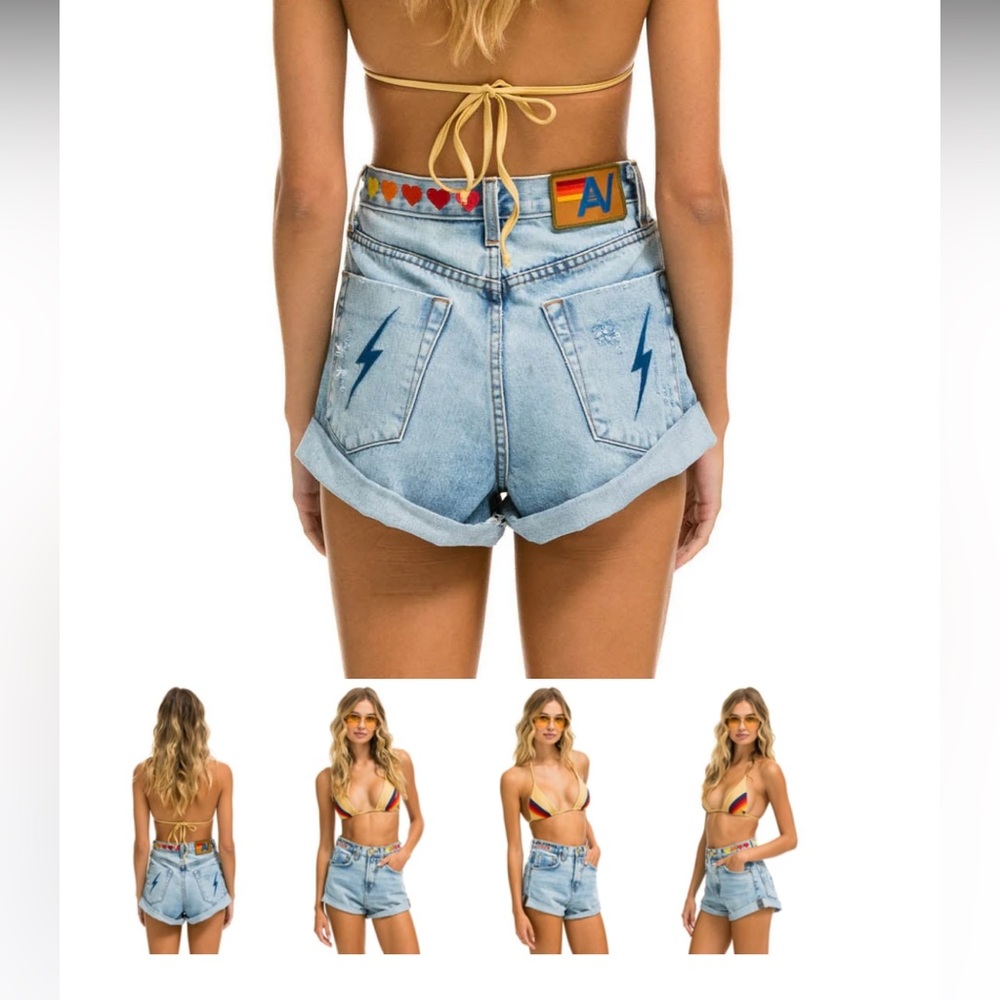 NWT Aviator Nation Hi Rise Rocker Cali Love Heart Shorts - Light Blue
